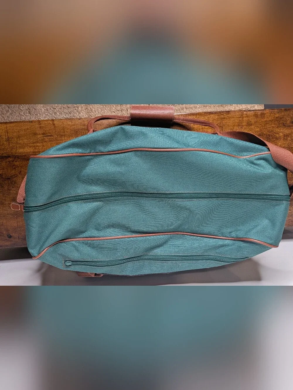 Polo Ralph Lauren Fragrances Duffle Bag Green Canvas Brown Leatherette Piping